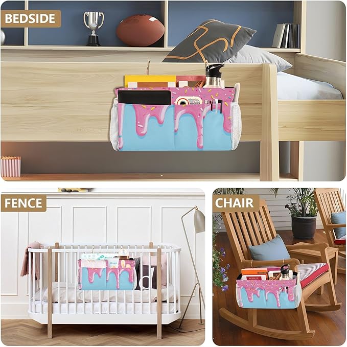 Bedside Caddy Hanging Bunk Bed Caddy Bed Organizer Hanging Pocket with 2 Hooks Bedside Storage Organizer Pocket Bag Holder Cartoon Dripping Frosting