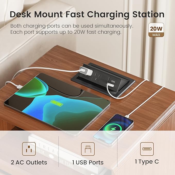 Solid Wood Nightstand Set of 2, Natural Wood Night Stand with Charging Station, Mid Century Modern Nightstand with 2 Drawers and Storage Shelf, Bedside Table for Bedroom, Office, Brown
