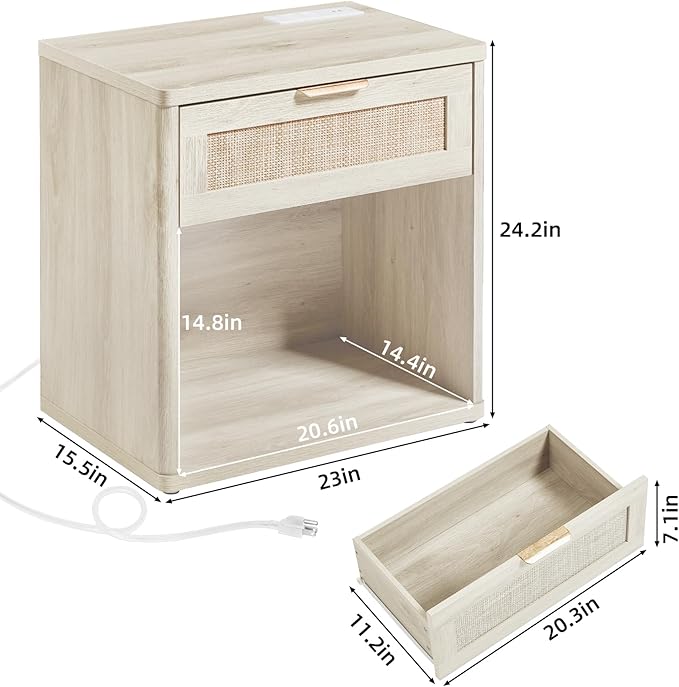 LEYAOYAO Rattan Nightstand with Charging Station, Grey White Night Stand with Drawer, 23" Wide Boho Bedside Table with Storage Shelf, Bed Side End Tables for Bedroom, Living Room, Hallway