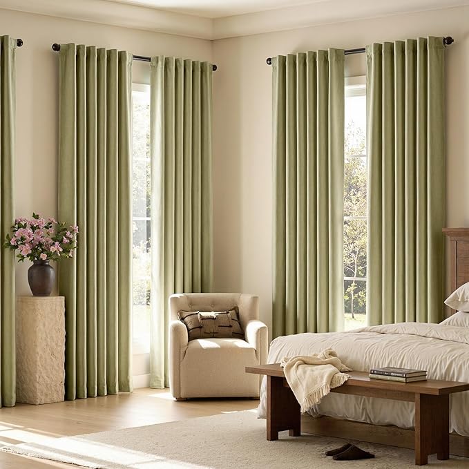 jinchan Chenille Blackout Curtains 108 Inches Long Sage Green Thermal Insulated Curtains for Living Room Bedroom 2 Panels Back Tab Window Curtains Triple Weave Noise Reducing Drapes 50x108 Inch