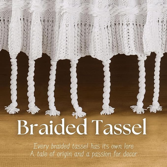 Boho Knitted Chenille Blanket with Tassels - Lightweight & Soft All-Season Throw - 3D Classic Pattern for Living Room Bedroom Couch, Cloud White, Queen 90"x90"