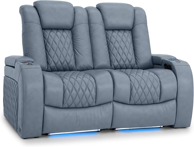 Seatcraft Diamante Zero-Gravity CoolZero Italian Leather Home Theater Seating, Power Headrest, Power Recline, Row of 2 Loveseat, Smokey Blue