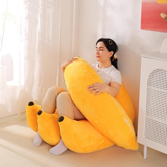 Banana Bean Bag Chair with Ottoman, Floor Sofa Bed with Footrest, Comfy Convertible Lounger for Teens & Adults, Plush Couch for Bedroom, Living Room or Dorm, M-Yellow