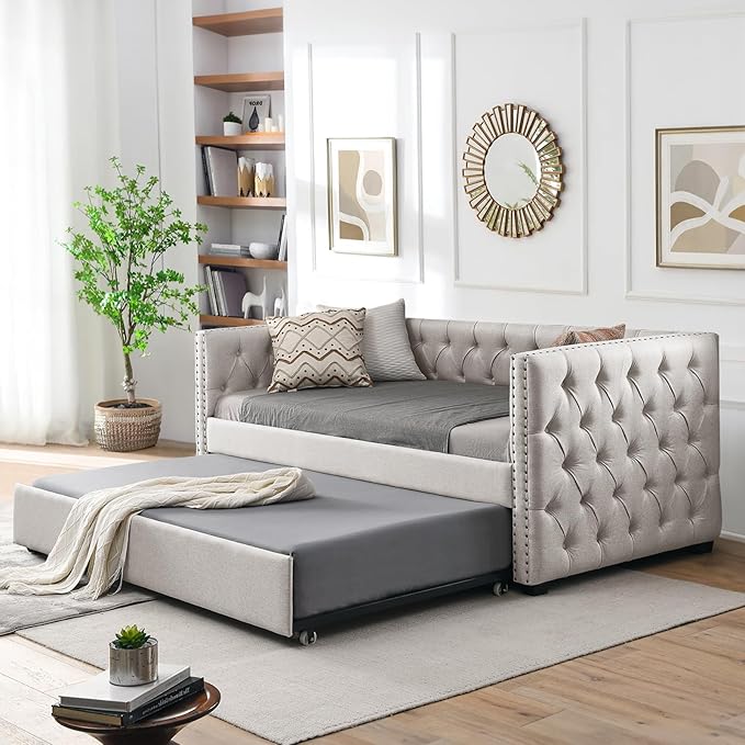 Antetek Daybed with Trundle, Upgraded Linen Upholstered Twin Size Day Bed Button-Tufted Sofa Daybed Frame with A Trundle,No Box Spring Needed,Furniture for Bedroom Living Room Guest Room (Beige, Twin)