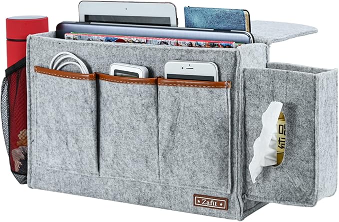 Bedside Caddy, Large Size Bedside Storage Organizer Bedside Organizer Caddy for Magazine Remotes Phone (13.4'' x 18.1'' Tissue box holder, Light Grey)