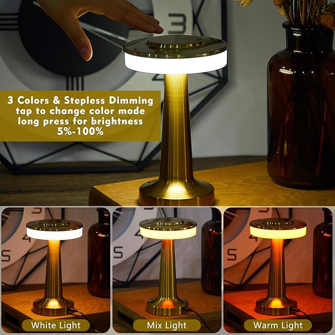VIHOSE Cordless Table Lamps LED Portable Rechargeable Table Lamp with Touch Sensor 3 Color Dimming up to 15 Hours Battery Desk Light for Restaurant Nursery Living Room(Gold,8 Pcs)