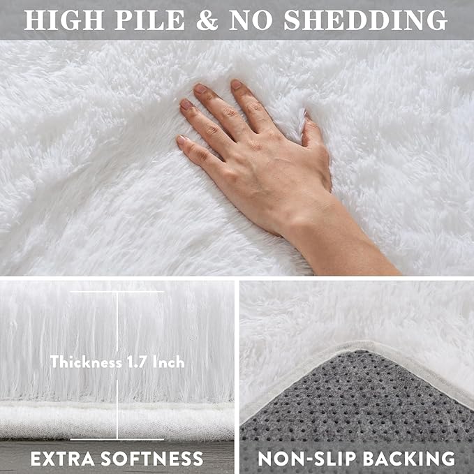 Shaggy Rugs for Bedroom Living Room Dorm Kids Room Decor, Soft Modern Indoor Fluffy Shag Area Rug, Non-Slip Fuzzy Floor Carpet 2x3 Feet, Cute Small Rectangle Plush Rug, White
