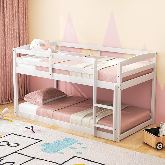 KOMFOTT Low Bunk Bed Twin Over Twin, Solid Wood Bunk Bed Frame with Built-in Ladder & Safety Guardrails, Space-Saving Low Bunk Bed for Kids, Teens, No Box Spring Needed