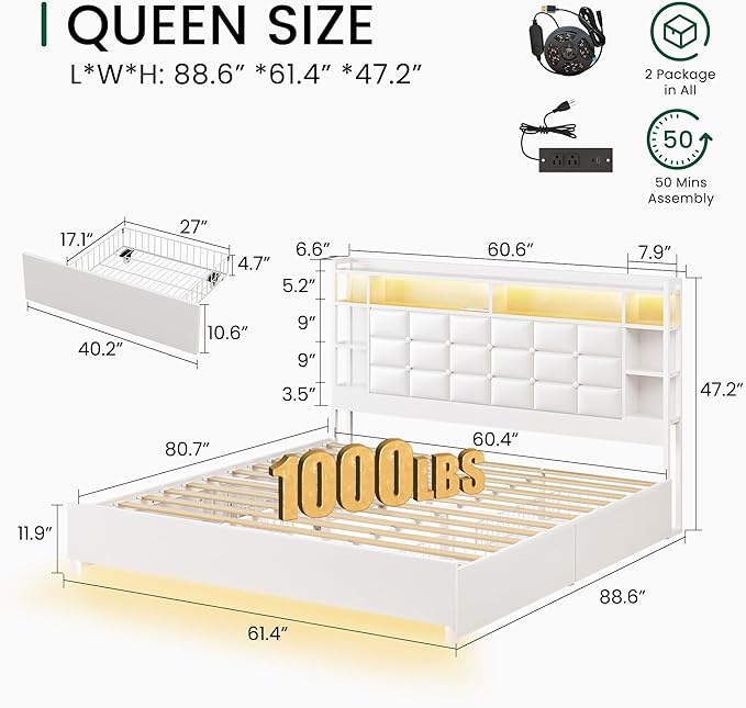 LARMACE Queen Size Bed Frame with 4 Storage Drawers and Bookcase Headboard, Faux Leather Upholstered, Wooden Platform Bed Frame with Charging Station and LED Lights, No Box Spring Needed, White