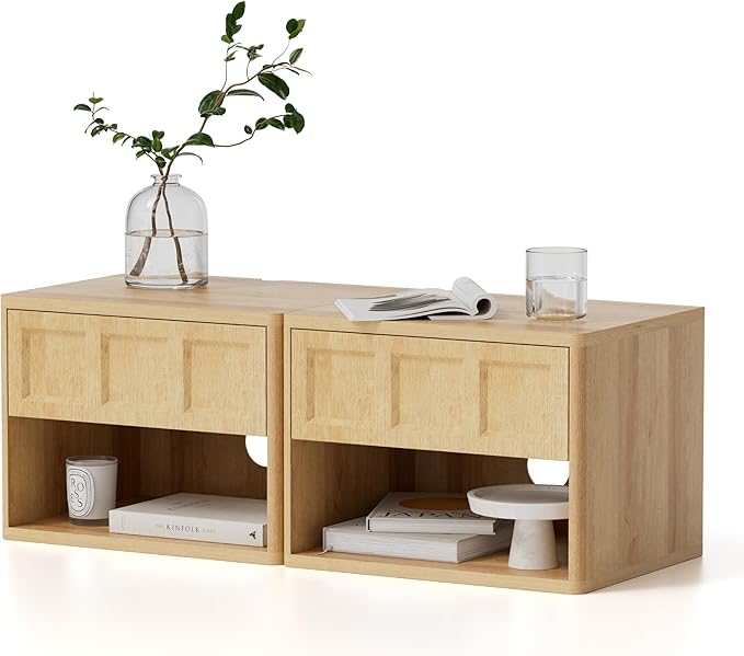 Floating Nightstand Set of 2, Wall Mounted Bedside Table with Storage Drawer and Open Shelf, Night Stand with Curved Corners for Living Room, Bedroom, Dorm, Natural Oak