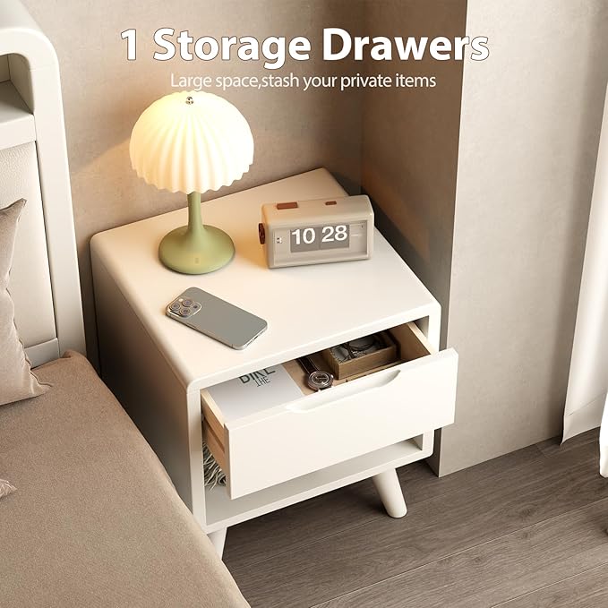 Solid Wood Nightstand White Night Stand with Drawers Mid Century Modern Nightstand with Storage,Wood Night Stand,Small Bedside Table for Bedroom,Living Room,Office,White Bedside Table