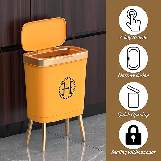 Procade Bedroom Trash Can with Lid,Slim Bathroom Trash Cans with Lids, Dog Proof Trash Bin with Press Top Lid,Modern Gold Trash Can Plastic Waste Basket for Living Room, Office,Kitchen, 4 Gal-Orange