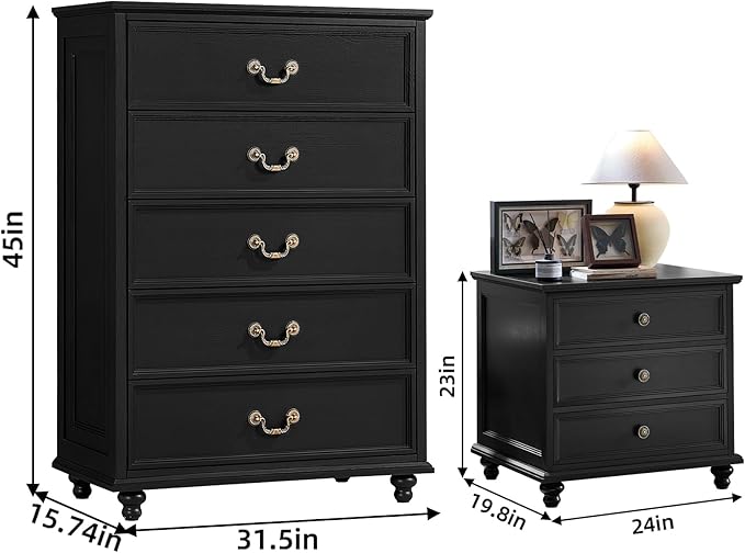 24" Wide Farmhouse Nightstand Set of 2, 45" Tall Rustic Chests of 5 Drawers w/ 4 Solid Wood Feet, Farmhouse Furniture Series for Living Room,Bedroom,Black