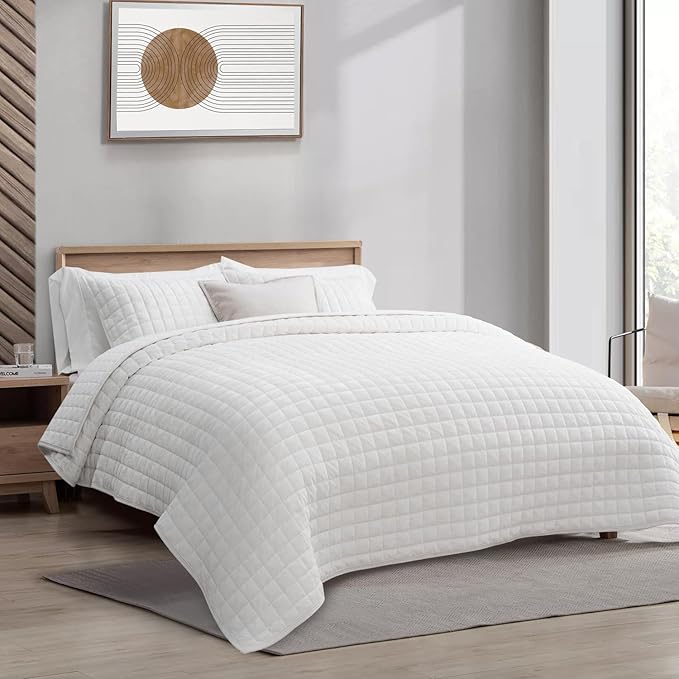 RECYCO Luxury Velvet Quilt Set Full Queen Size Bedding Sets, Ultra Soft Velvet Comforter Set, Lightweight Channel Box Stitch Oversized Bedspread Coverlet for All Season, with 2 Shams, Bright White