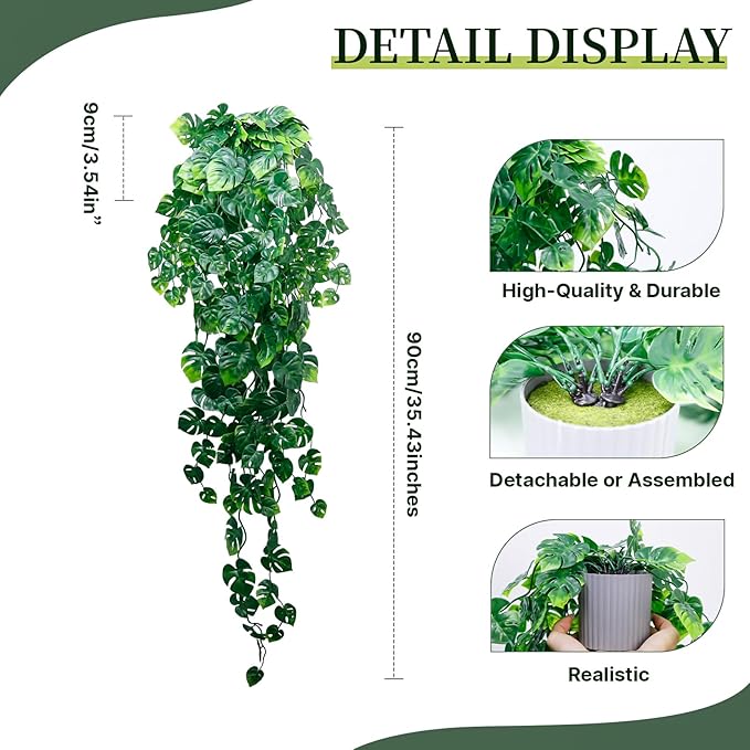 Artificial Hanging Plants for Shelf, 2-Pack Fake Potted Greenery Faux Monstera Leaves Vines in Black Pot, Décor for Office Living Room Bathroom Indoor Outdoor