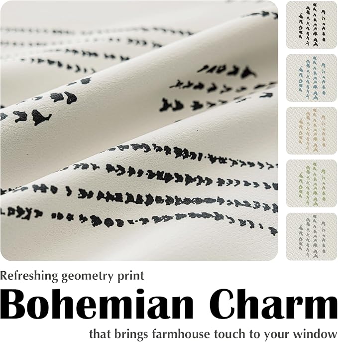100% Boho Blackout Curtains 72 Inches Long for Bedroom, Black on Beige Patterned Bohemian Curtains for Living Room, Geometric Striped Thermal Insulated Window Drapes Gromment Top 2 Panels