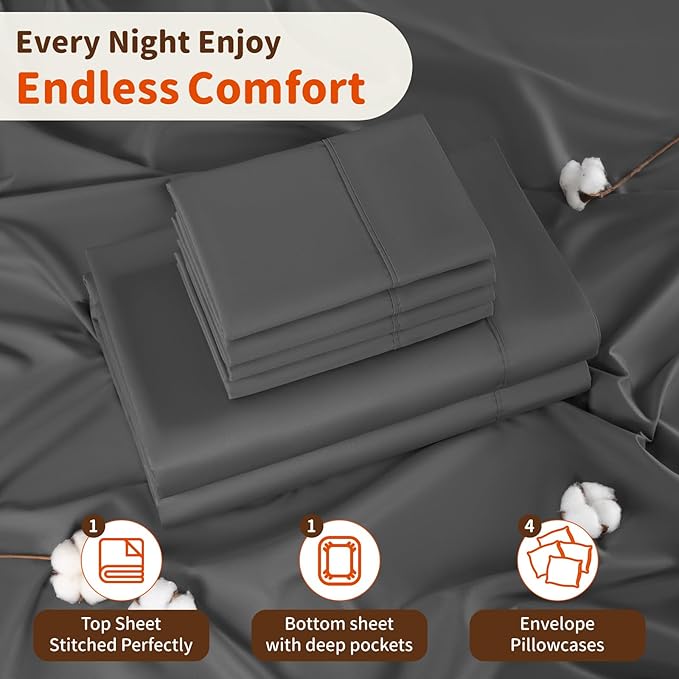 LBRO2M 1000 Thread Count 100% Egyptian Cotton Sheets Set 6 Piece Sets King Bed Sheet Deep Pocket Sheet Set 16" Soft Comfortable All Season (King, Dark Gray)