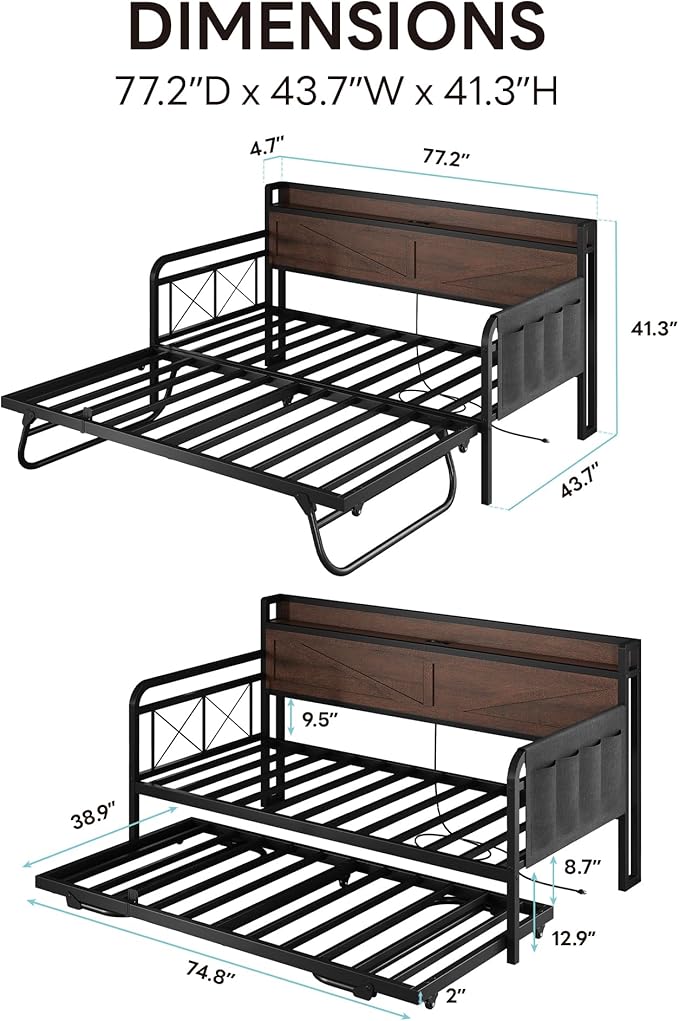 LIKIMIO Twin Daybed with Trundle Bed, Storage Headboard with Charging Station, Sofa Day Bed with Strong Supports for Living Room, Bedroom, and Guest Room, Dark Brown