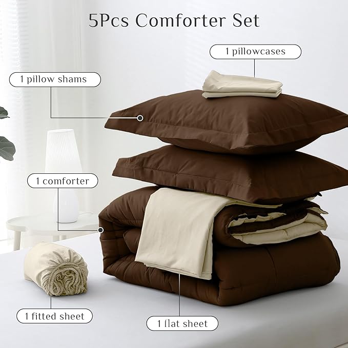 JOLLYVOGUE Twin XL Comforter Set, Ultra-Soft Bed in a Bag Twin XL Size 5 Pieces, Oeko-TEX Certified Bedding Set with Down Alternative Comforter, Sheets, Pillowcases & Shams, Brown & Beige