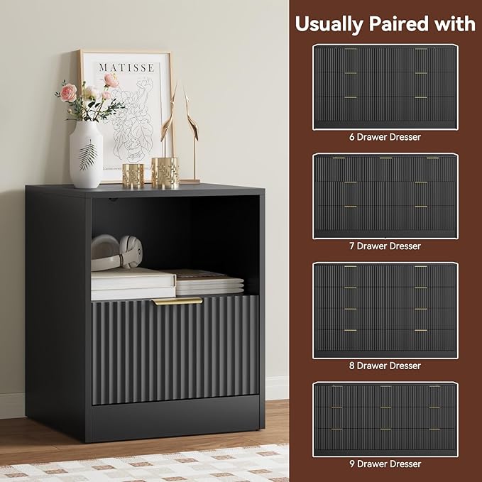 3-Piece Fluted Black Dresser and Nightstand Set, 63” Wide Bedroom Dresser Set Night Stand Set of 2 with Metal Handle, Modern Wood Chest of Drawers Storage Dressers Set for Bedroom, Black
