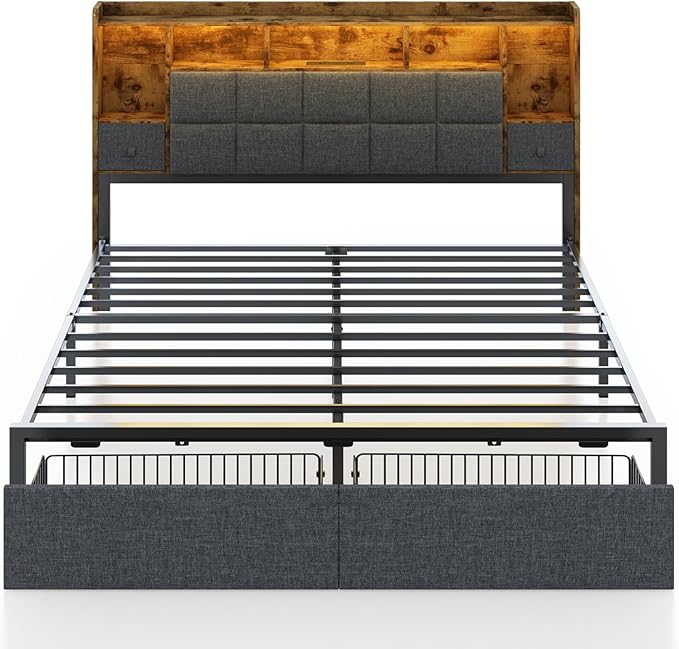 King Size Bed Frame with Bookcase Storage Drawers, LED Lights, Upholstered Platform Bed Frame with Headboard, Charging Station, Metal Slats Support, Noise Free, No Box Spring Needed, Grey