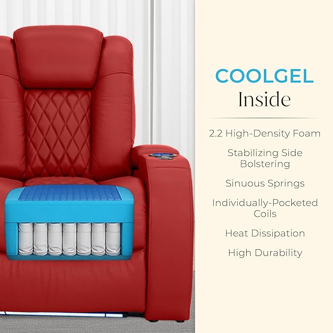 Seatcraft Diamante Zero-Gravity CoolZero Italian Leather Home Theater Seating, Power Headrest, Power Recline, Row of 4 Dual Loveseats, Red