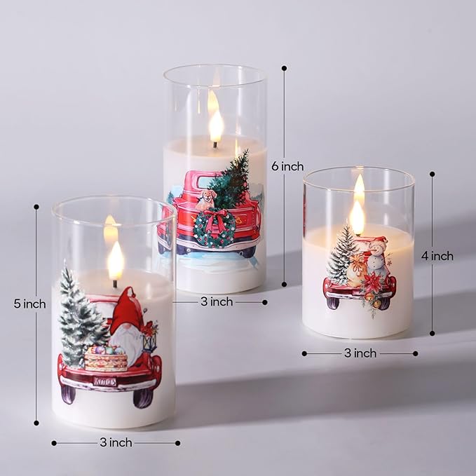 Eywamage Christmas Glass Flameless Candles with Remote, Flickering LED Pillar Candles Holiday Table Decor Gift Set of 3