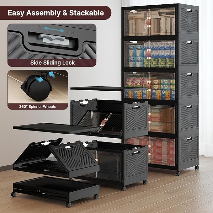 600Qt Stackable Storage Bins with Lids, 5 Pack Large Collapsible Bins with Wheels, Plastic Cabinet with Doors, Foldable Closet Organizers and Storage for Home, Dorm, Office, Black