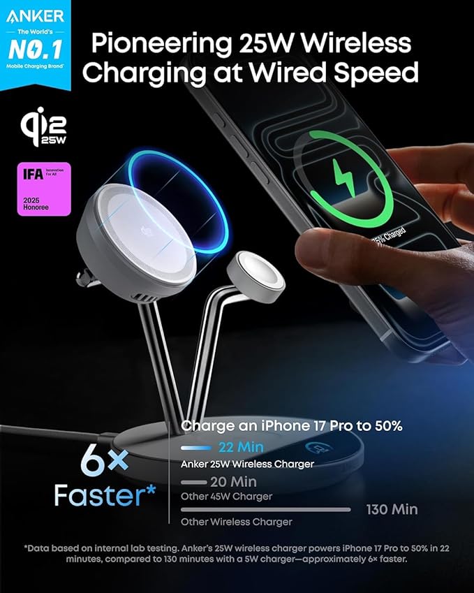 Anker Prime MagSafe Charger Compatible, 3-in-1 Charging Station, Qi2 25W Certified Wireless Charger Dock Stand, Smart Display with TEC Active Cooling, for iPhone 17, Apple Watch, AirPods (White)