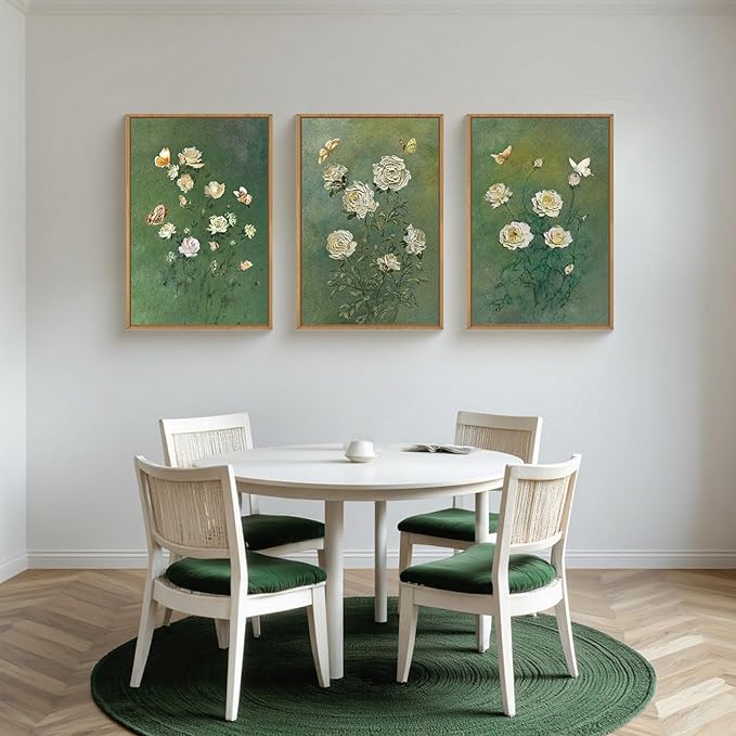 LHIUEM Vintage Moody White Roses Framed Canvas Wall Art,Abstract Flower Green Wall Decor,Nature Floral Butterfly Wall Painting,Aesthetic Blossom Artwork for Living Room,Dining Room,Office-16 x24 x3