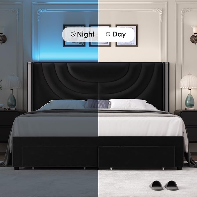 HITHOS Full Upholstered LED Bed Frame with 2 Storage Drawers, Velvet Platform Bed with Wingback Headboard, Solid Wooden Slats Support, No Box Spring Needed, Headboard Splicing Design, Black