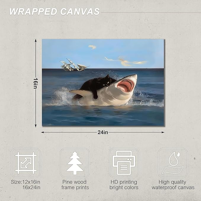 BFKDKG Framed Black Cat Wall Art, Funny Quirky Cat and Shark Pictures Canvas Print, Abstract Black Cat Shark Posters Wall Decor for Room Bedroom Living Room Bathroom 16x24in