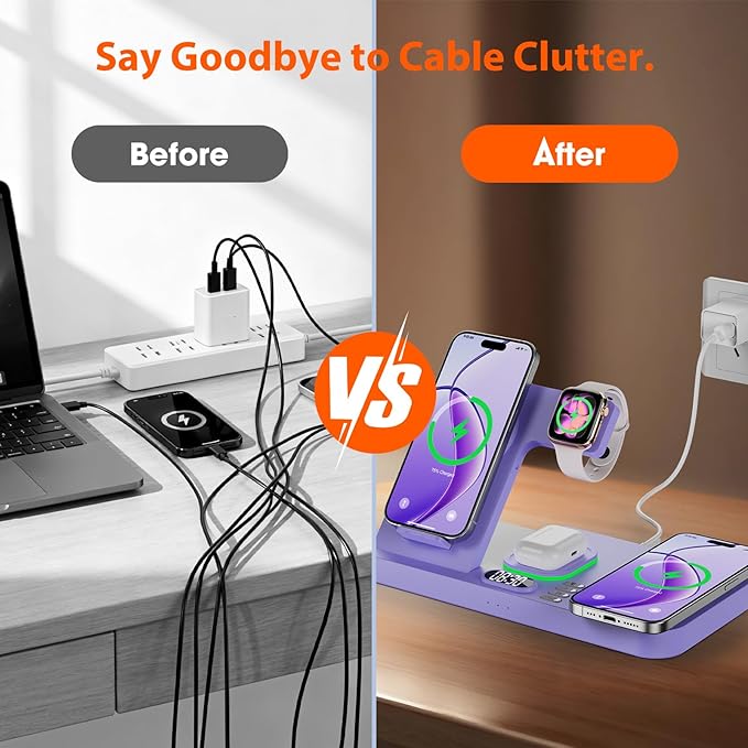Dual Phone Magnetic Wireless Charging Station for Apple Devices/Apple Ecosystem,with Auto-Switch 7-Color Light & Clock, Compatible with iPhone 17/16/15, for iWatch 11/10/9 & AirPods Pro3（Puple