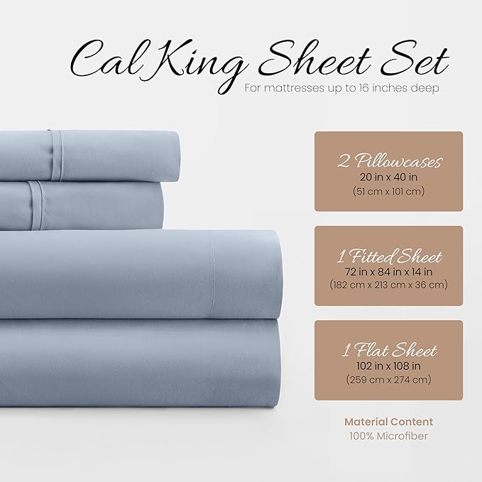 Linen Market Bed Sheets for Cal King Size Bed (Light Blue) - Sleep Better Than Ever with These Soft and Cooling California King Sheets - Deep Pocket Fits 16" Thick Beds - 4 Piece Cal King Sheet Set