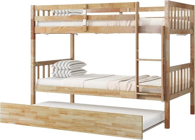 Bellemave Twin Over Twin Bunk Bed with Trundle,Convertible Bunk Beds with Ladder & Safety Guardrails,Twin Size Trundle Bunk Beds for Kids Girls Boys,Natural