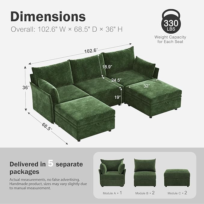 ABCASA 102.6" U Shaped Modular Sectional Sofa, 5 Seater Couch with Storage Ottoman Deep Seat and High Backrest with Removable Cover for Living Room, Apartment - Chenille Green