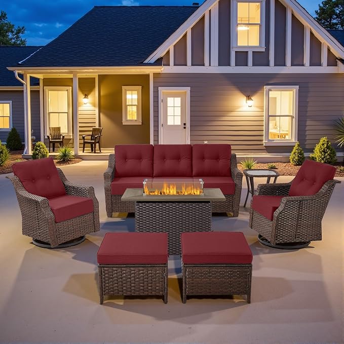 Belord Luxurious 7 Piece Patio Furniture Set with Fire Pit Table, High Back Swivel Rocker Glider Outdoor Chairs with 6" Blue Cushion, All-Weather Patio Conversation Set for Yard Garden Brown Wicker