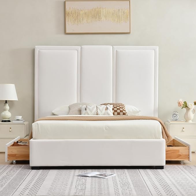 YUHUASHI Queen Size Bed Frame with 64-inch High Headboard, Simple and Airy Linen Upholstered Platform Bed with Storage Drawers, Wood Slat, No Noise (White, Queen (U.S. Standard))