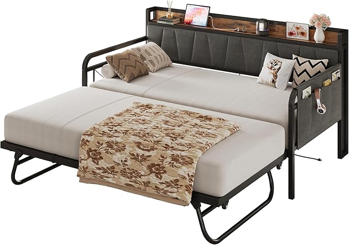 LIKIMIO Daybed with Trundle Bed, Twin Bed Frame with Storage Headboard and Charging Station, Sofa Day Bed with Strong Supports for Living Room, Bedroom, and Guest Room, Grey