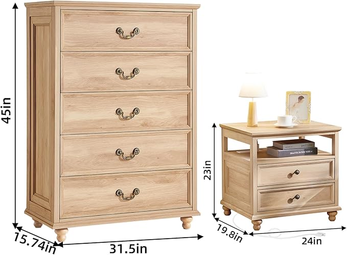 24" Wide Farmhouse Nightstand with Charging Station Set of 2, 45" Tall Rustic Chests of 5 Drawers w/ 4 Solid Wood Feet, Farmhouse Furniture Series for Living Room,Bedroom,Wood