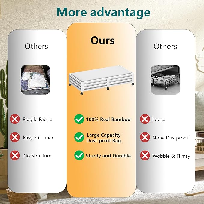 Wisuce Bamboo Under Bed Storage Containers- Underbed Organizer with Wheels with Large Dust Bag,Sturdy Wood Rolling Under the Bed Shoe Storage Organizer Drawer 2 Packs (White, Long)