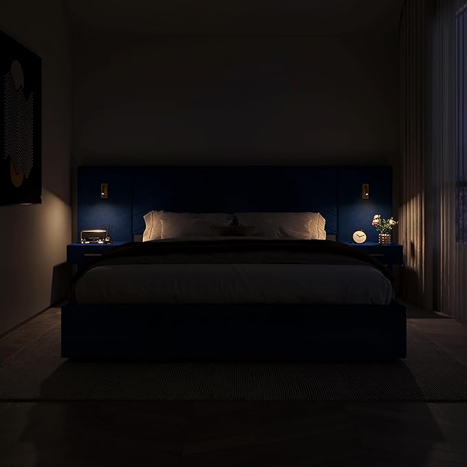 DEINPPA Luxury King Bed Frame with Built-in Gold LED Lights and Nightstands, King Size Platform Bed with Oversize Upholstered Headboard, No Box Spring Needed-Royal Blue