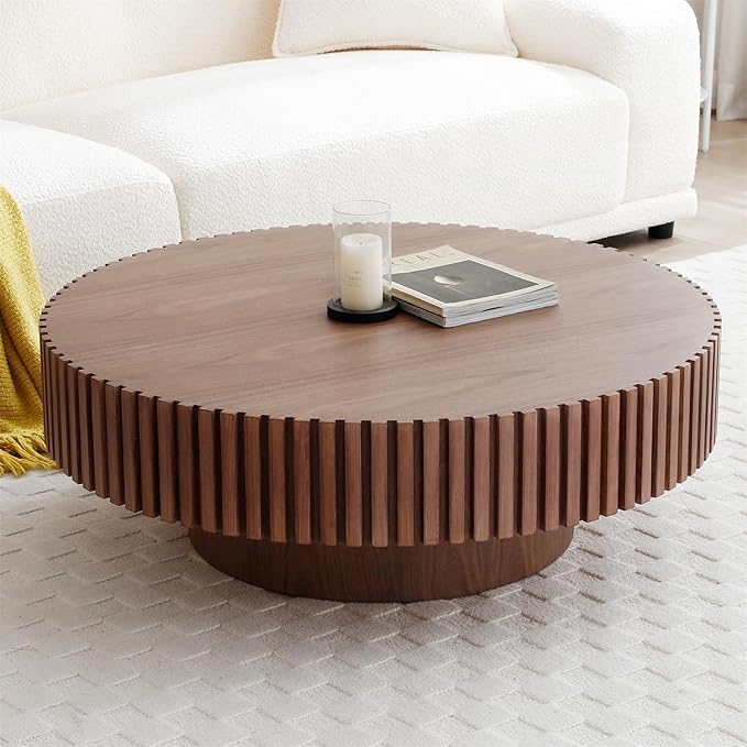 LKTART Round Coffee Table for Living Room, Accent Fluted Drum Coffee Table with Storage, Modern Solid Wood Circle Center Tea Table for Small Space Apartment (31.5''D×14''H-Walnut)