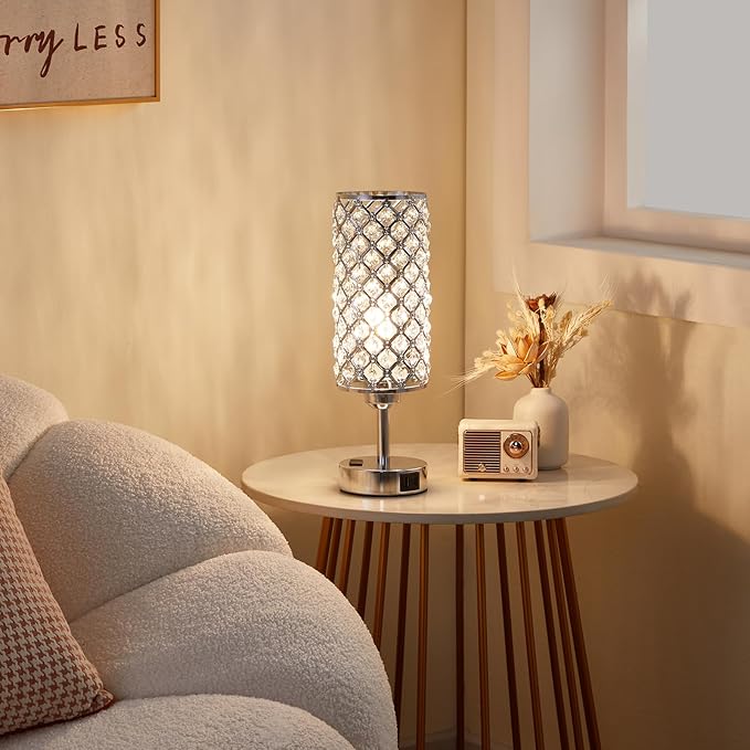 Hong-in Crystal Lamp Touch Control Set of 2, Sliver Crystal Table Lamps with USB C+A Ports & AC Outlet, 3-Way Dimmable Nightstand Touch Lamp, Modern Bedside Table Lamp for Bedroom(Bulbs Included)