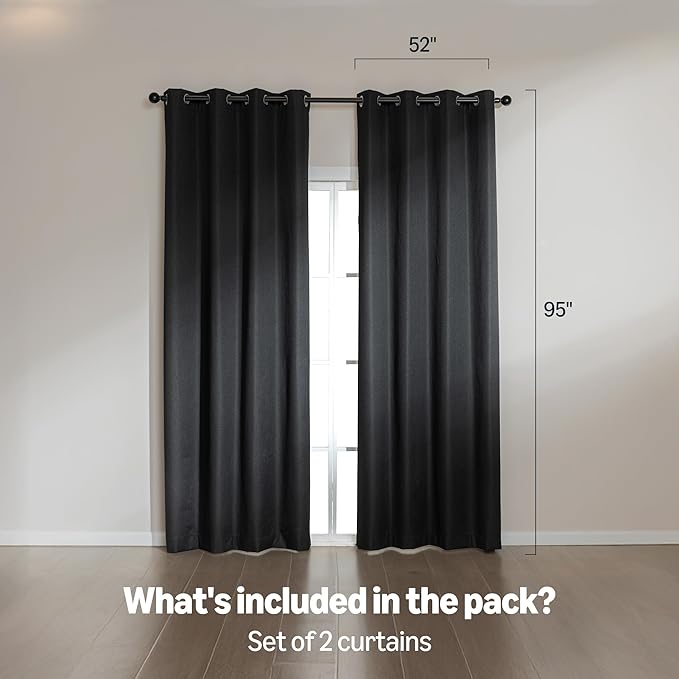 Amazon Basics Faux Linen Blackout Curtains for Bedroom and Living Room, 2-Piece Set with Grommets, 52" W x 95" L, Black