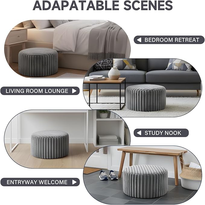 Tiita Round Stuffed Pouf Ottoman, Stripe Faux Fur Poufs with Foam Chunk Filling, Furry and Fluffy Pouf 21×21×12 inch Foot Stool Storage Ottoman,Puff Office Foot Rest for Couch Living Room, Grey