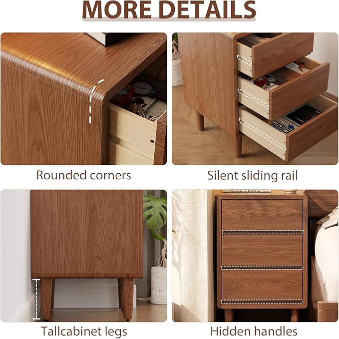 Tall Nightstand Walnut Night Stand with 3 Drawers Mid Century Modern Nightstand with Storage,Solid Wood Night Stand,Small Bedside Table for Bedroom,Living Room,Office,Walnut Bedside Table