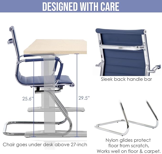 Wahson Office Guest Chairs Set of 4, Leather Reception Chairs, Mid Back Waiting Room Chair, Conference Chairs with Sled Base, Desk Chair No Wheels for Meeting/Lobby/Restroom, Navy Blue