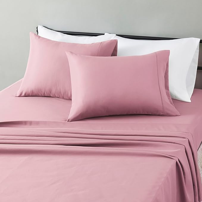Amazon Basics Lightweight Microfiber 4-Piece Bed Sheet Set, Rose, Solid, Queen