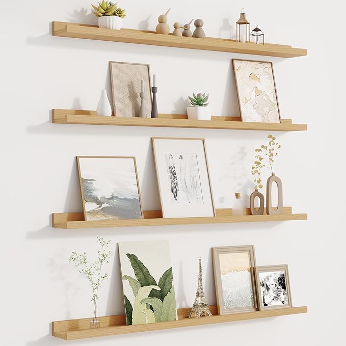 Fun Memories Picture Ledge Shelf for Wall, Floating Shelves Set of 4, 36 Inch Long Nursery Book Shelves for Toys Storage, Kids Bookshelf Wall Mounted for Books Photo Frames, Oak